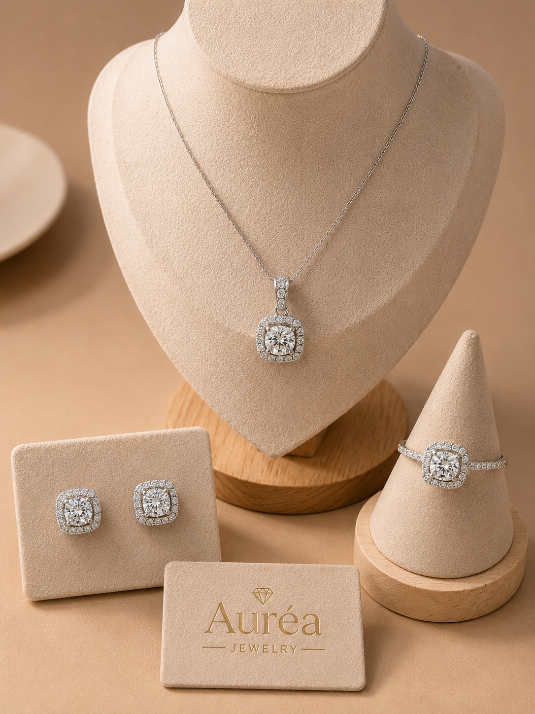Crystal Halo Jewelry Set – Necklace, Earrings & Ring | Silver-Toned