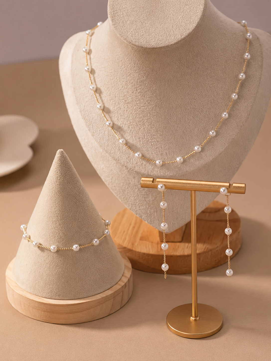 Pearl Jewelry Set – Double Layer Necklace, Bracelet & Drop Earrings | Gold Chain