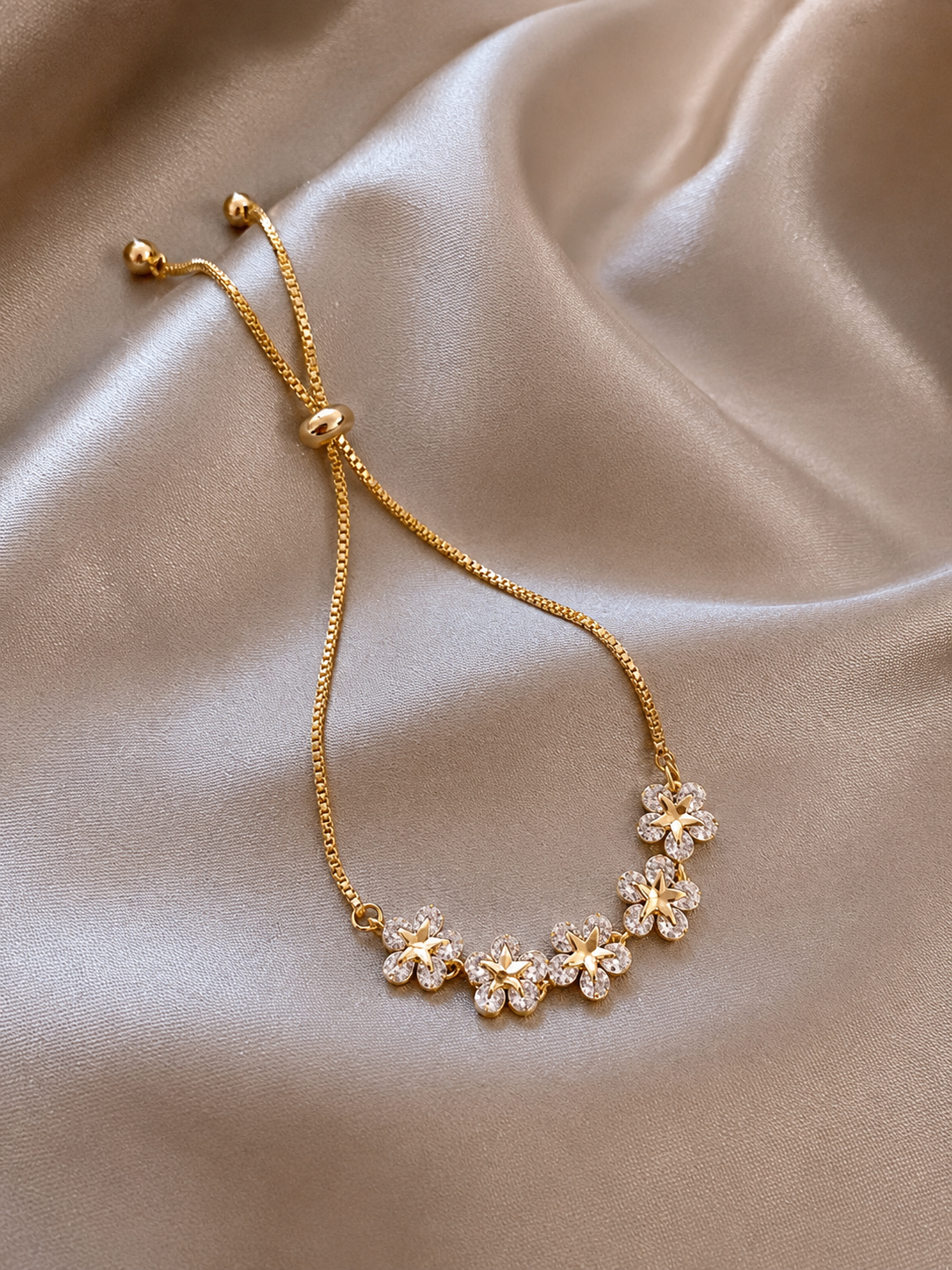 Adjustable Crystal Flower Bracelet – Gold